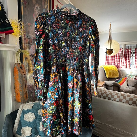 Boden Frill Neck Smocked Dress Black "Wild Dandelion" UK 12 US 8 EUC Knee Length - Picture 2 of 11